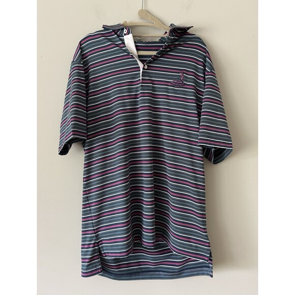 Peter Millar Navy Striped Pinehurst Logo Golf Polo Size Medium Preppy Summer - Picture 1 of 10